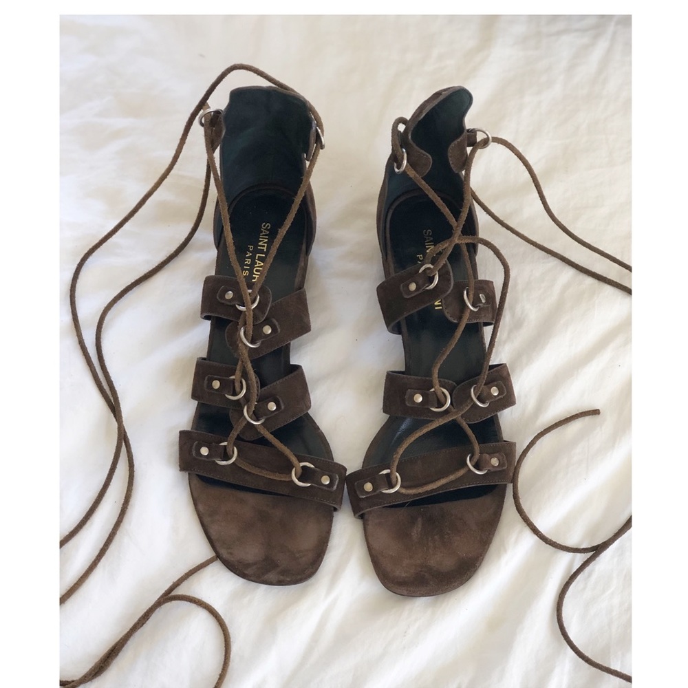 Saint Laurent brown suede lace up sandals
